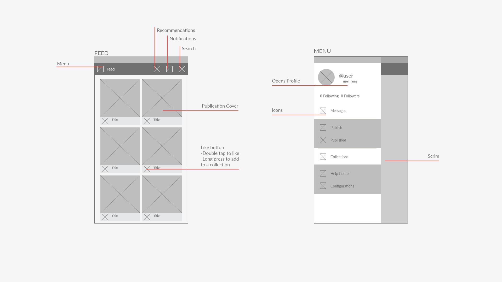 Low fidelity wireframes of feed and menu screens