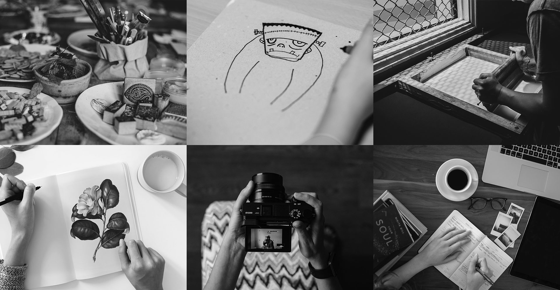 Images of different art productions: panting, drawing, silk-screening, photography and xylogravure