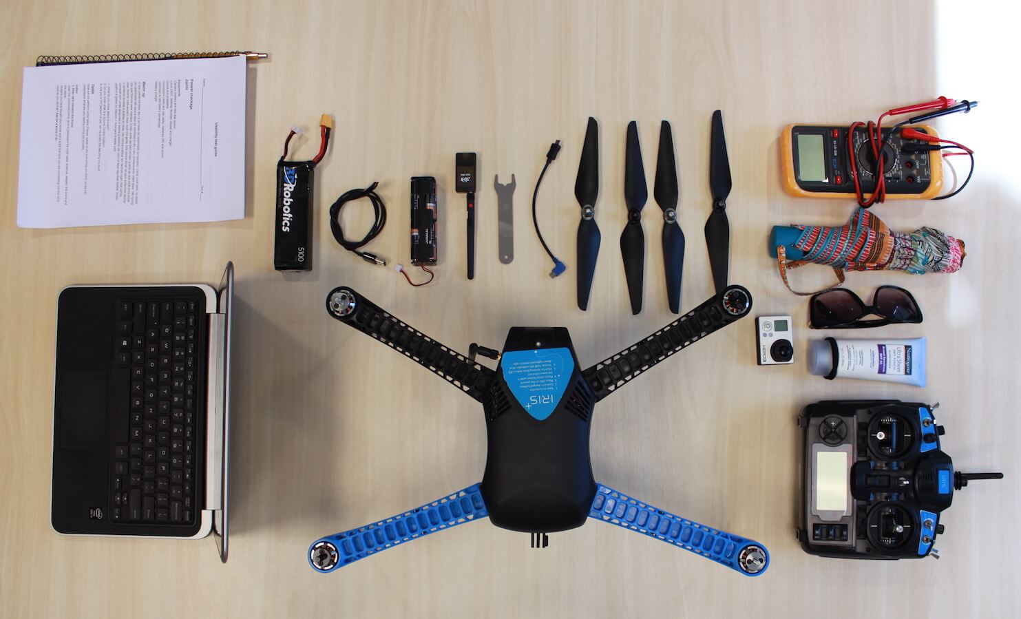 Drone equipment assembled on a table