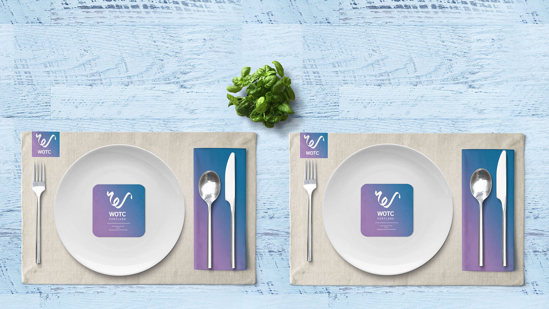 Branded table placement with napkin, placemat and a card