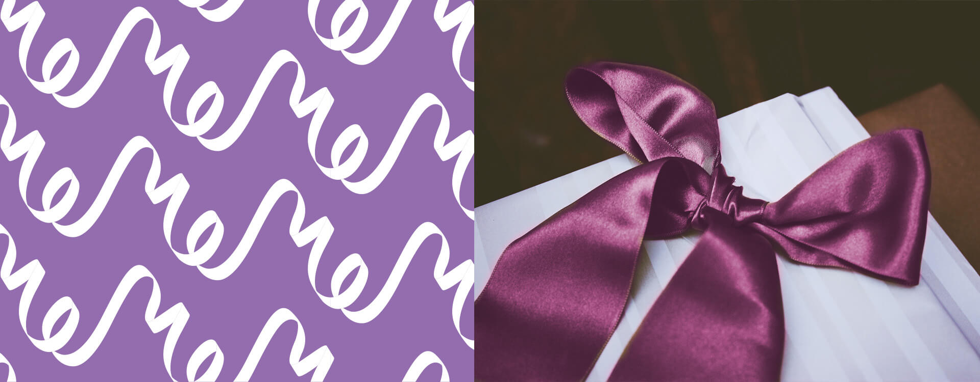 The pattern in white over purple background a purple tied ribbon